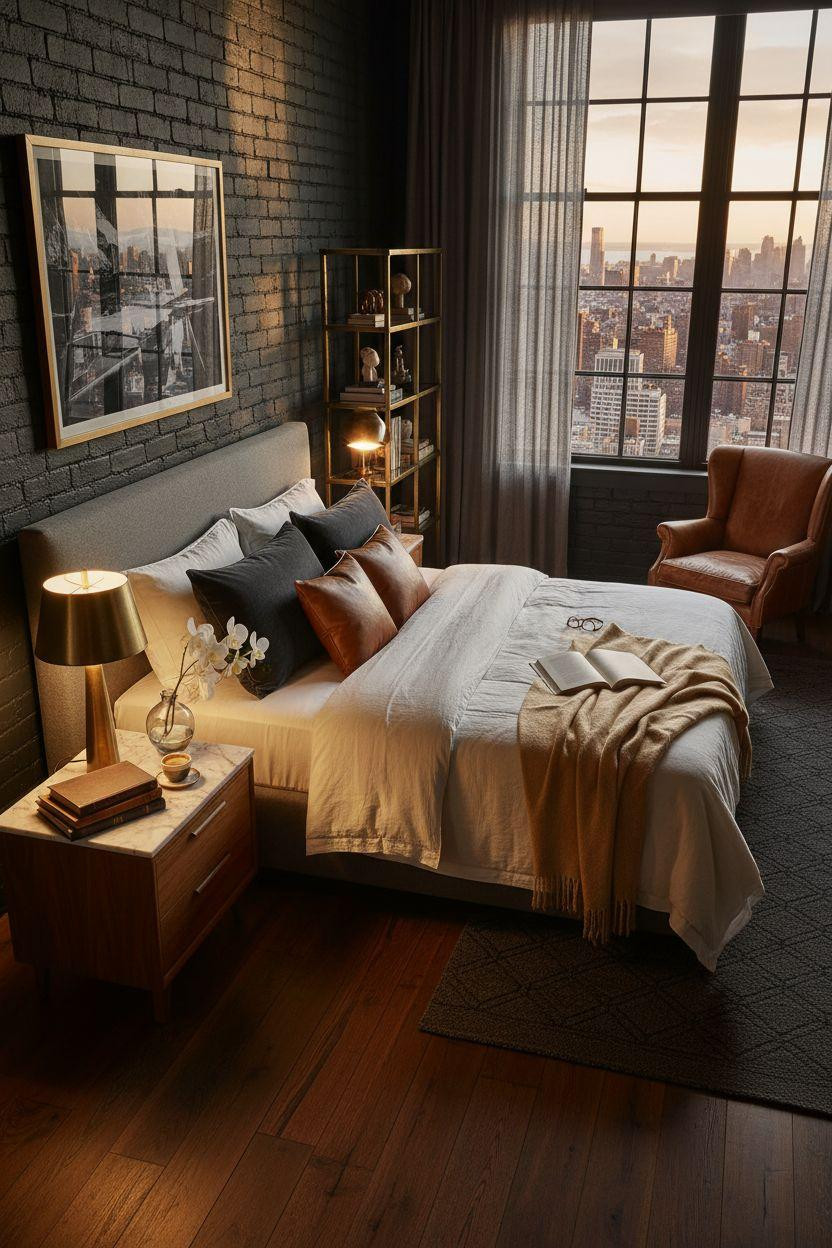 Penthouse Bedroom Ideas - brass étagère with curated styling