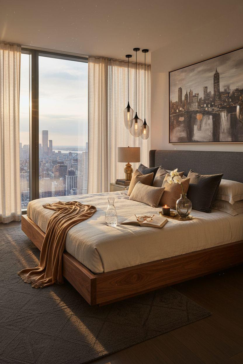 Penthouse Bedroom Ideas - walnut platform bed framing city views