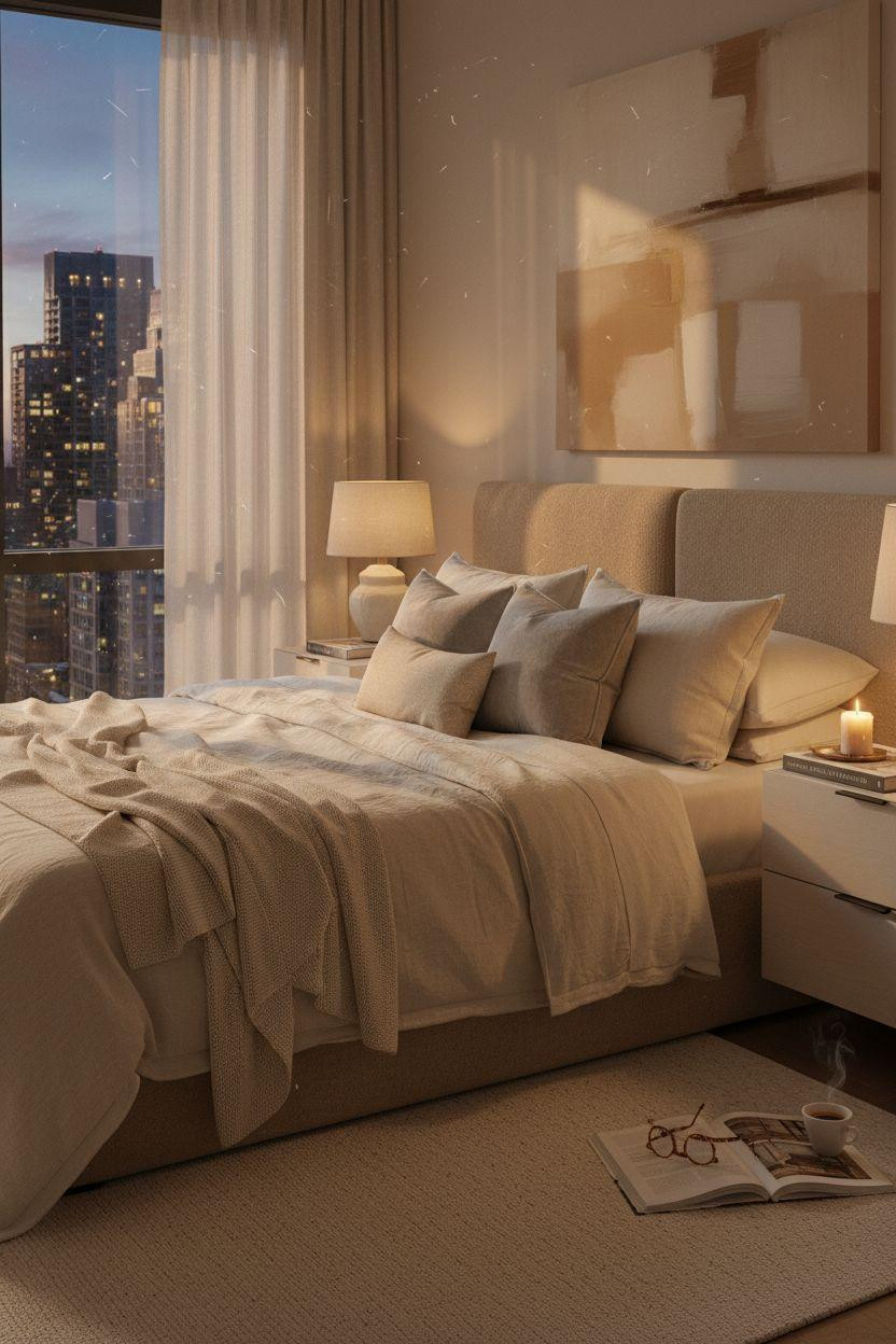 Penthouse Bedroom Ideas - soft sunrise with cashmere throw