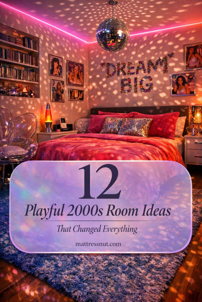 Nostalgic Y2K-inspired bedroom in dramatic evening light with warm purple and pink LED glow. Features queen bed with hot pink velvet duvet, silver sequined pillows, inflatable butterfly chair, lava lamp, CD collection, fuzzy blue rug, and disco ball reflections. Translucent lavender overlay displays '12 Playful 2000s Room Ideas That Changed Everything' in serif font, plus mattressnut.com.