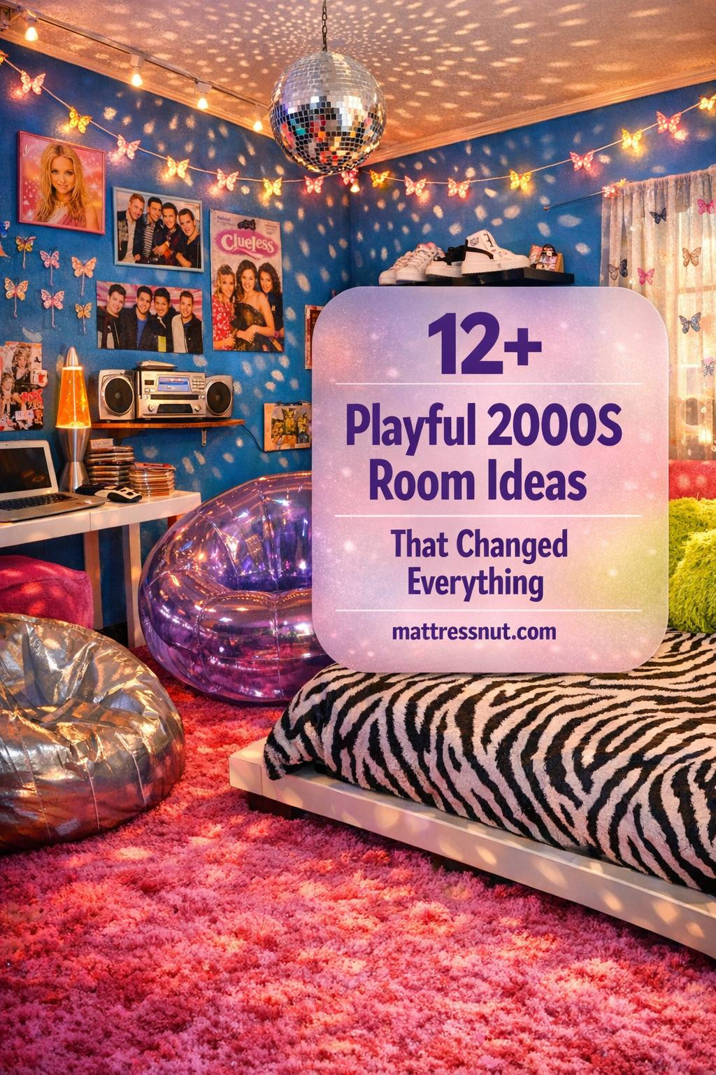 Nostalgic Y2K-inspired bedroom featuring hot pink shag carpet, iridescent purple inflatable chair, zebra print bed with lime pillows, electric blue walls with 2000s posters, string lights, lava lamp, disco ball, and frosted pink overlay text on playful room ideas from mattressnut.com.