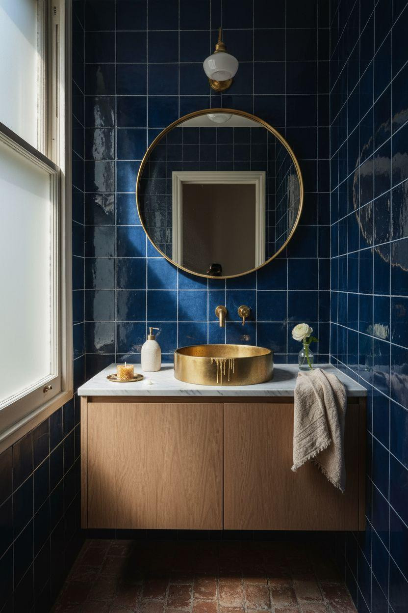 Powder Room Ideas - cobalt blue hand-painted tiles