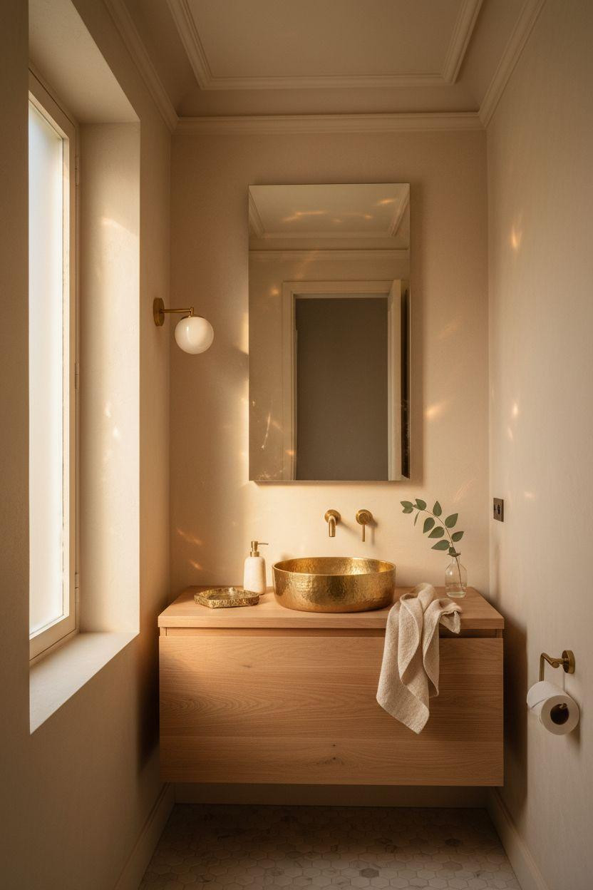 Powder Room Ideas - hammered brass sink on oak vanity
