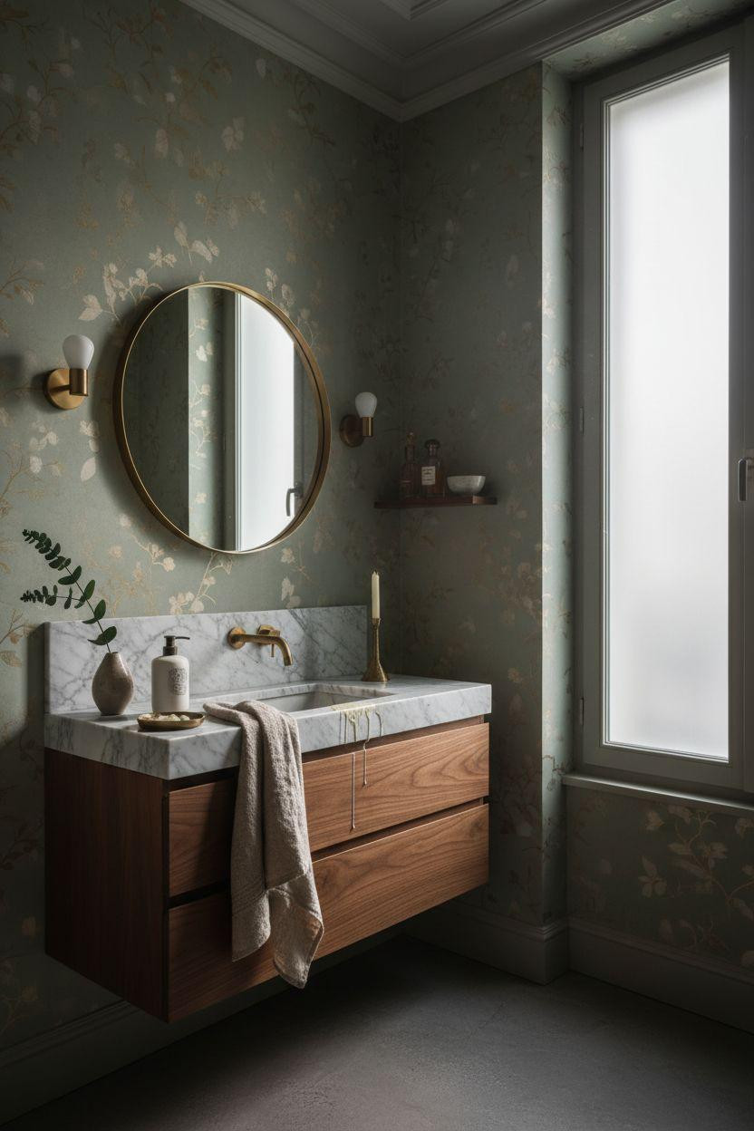 Powder Room Ideas - sage green walls with walnut vanity