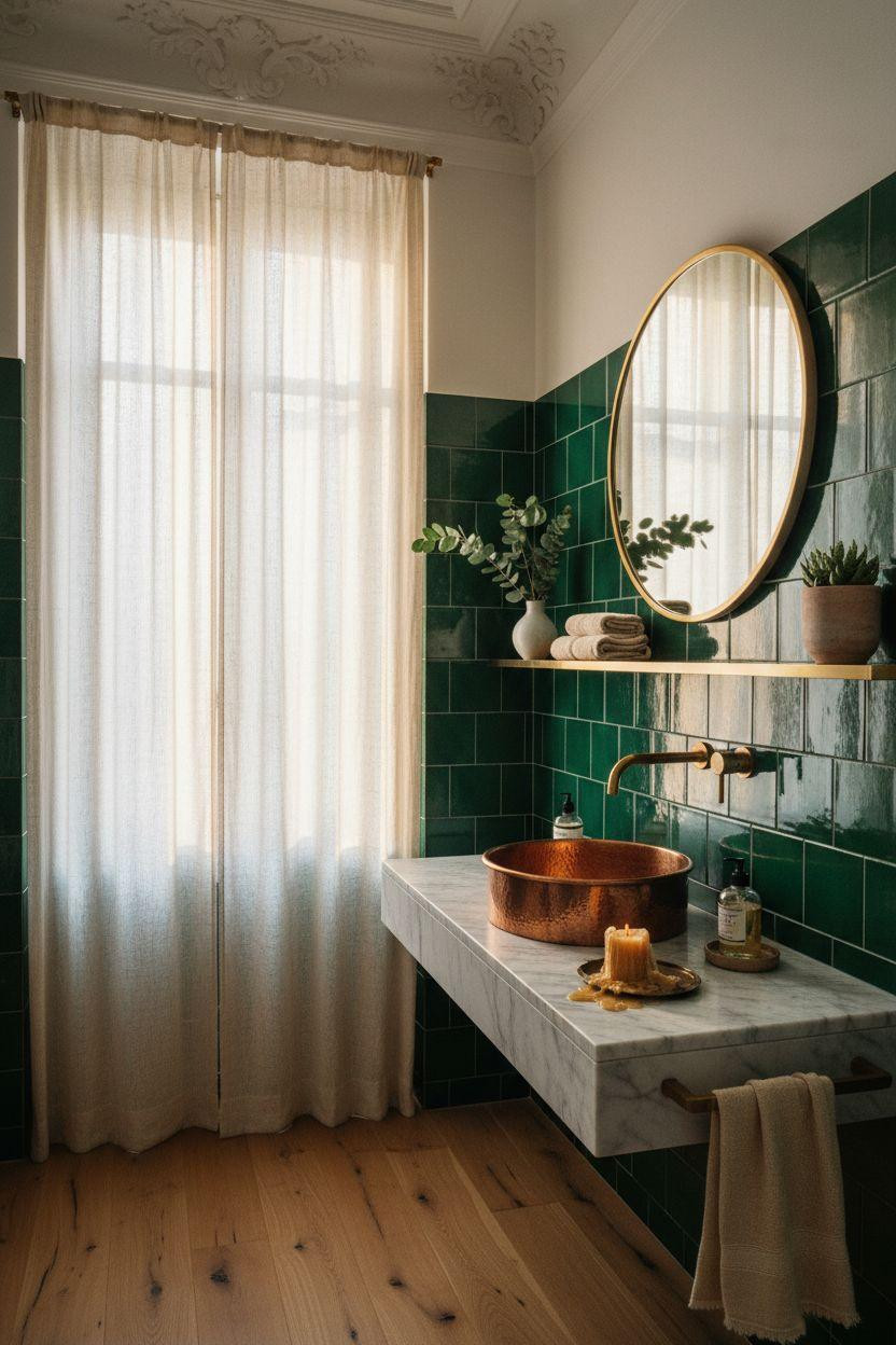 Powder Room Ideas - emerald green tiles with copper vessel sink