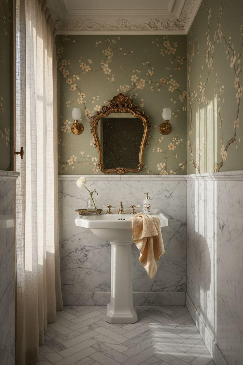 Powder Room Ideas - marble wainscoting with pedestal sink