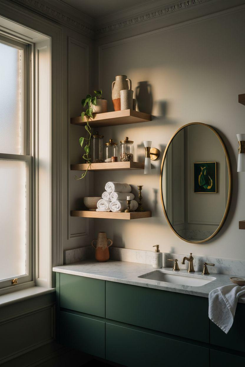 Powder Room Ideas - forest green vanity with styled shelves