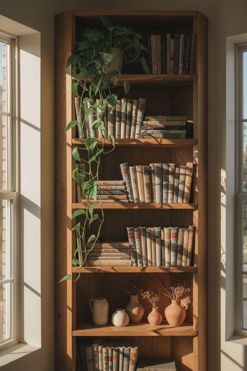 Corner bookshelf - reclaimed oak with live-edge detailing