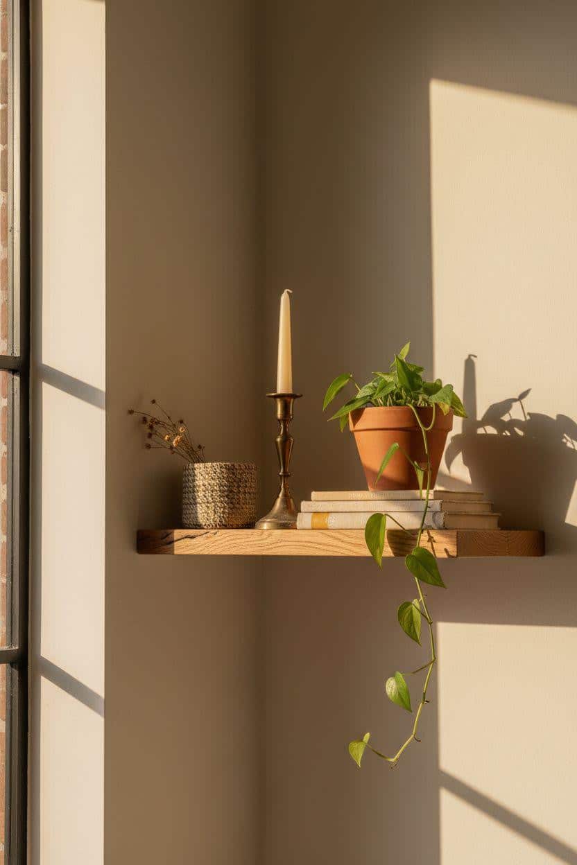 Shelf Decor Living Room - floating corner shelf with brass candlestick and trailing pothos