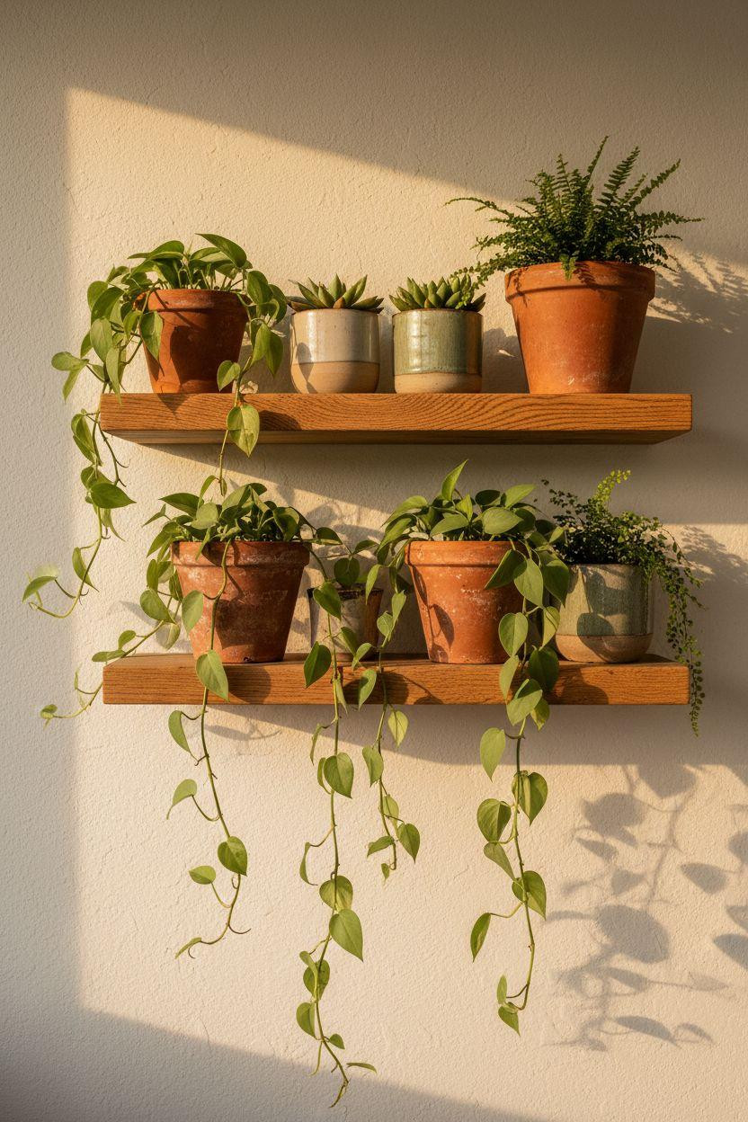 Shelf Decor Living Room - reclaimed oak shelf with cascading pothos and terracotta planters