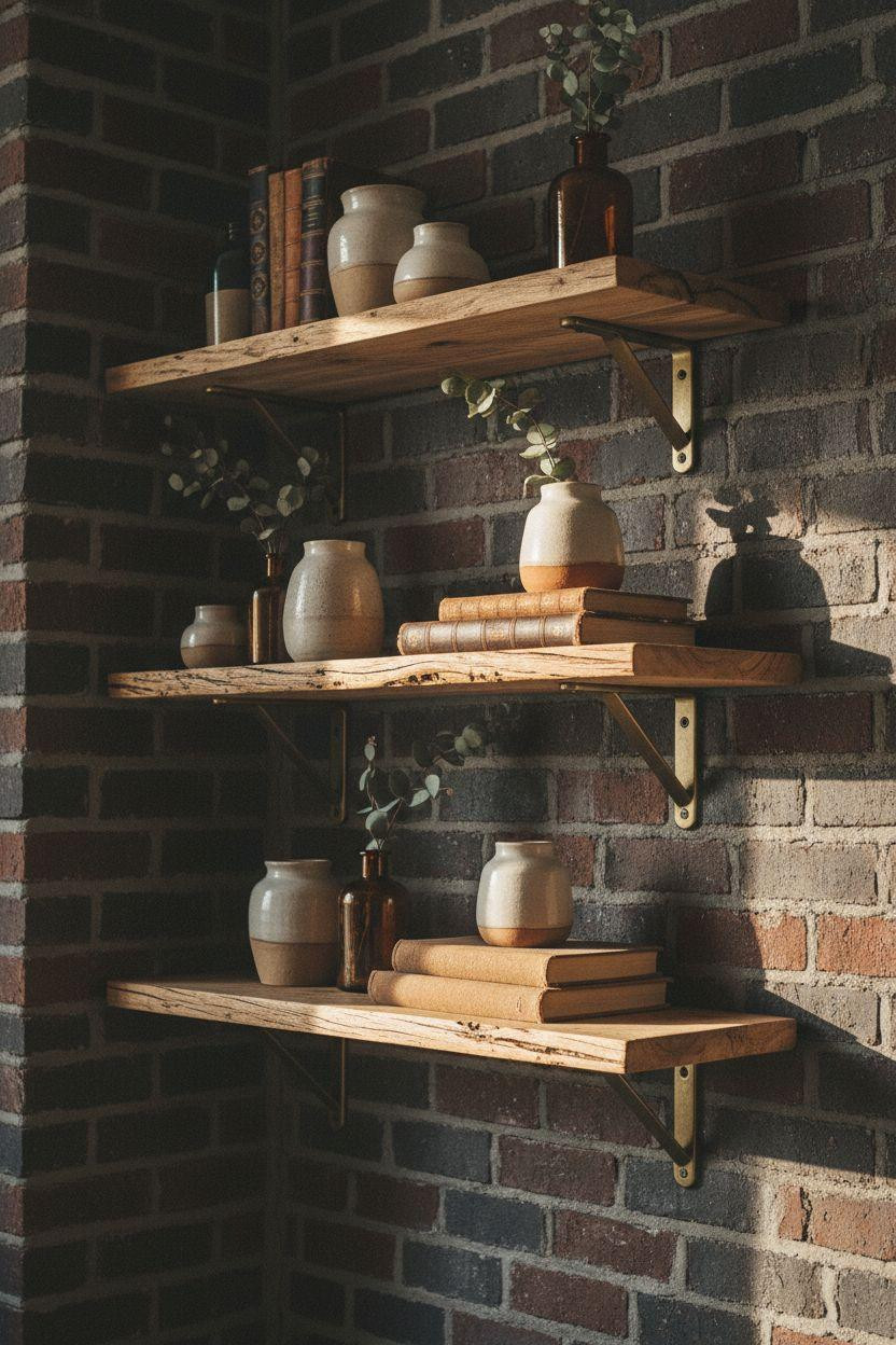 Shelf Decor Living Room - reclaimed wood shelves mounted on exposed brick with brass brackets