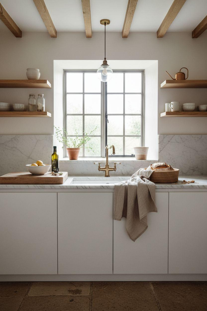 Cottage Kitchen with matte white cabinets and carrara marble