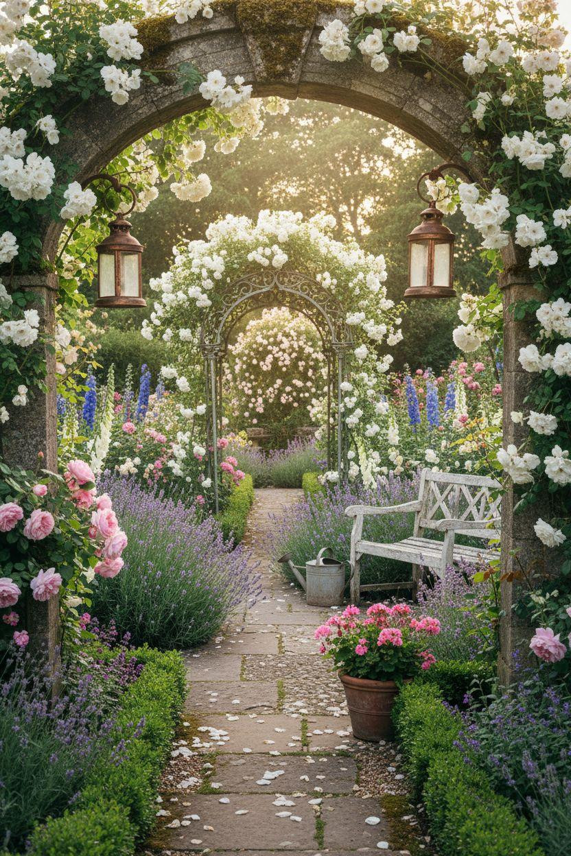 Cottage Garden through archway with climbing roses