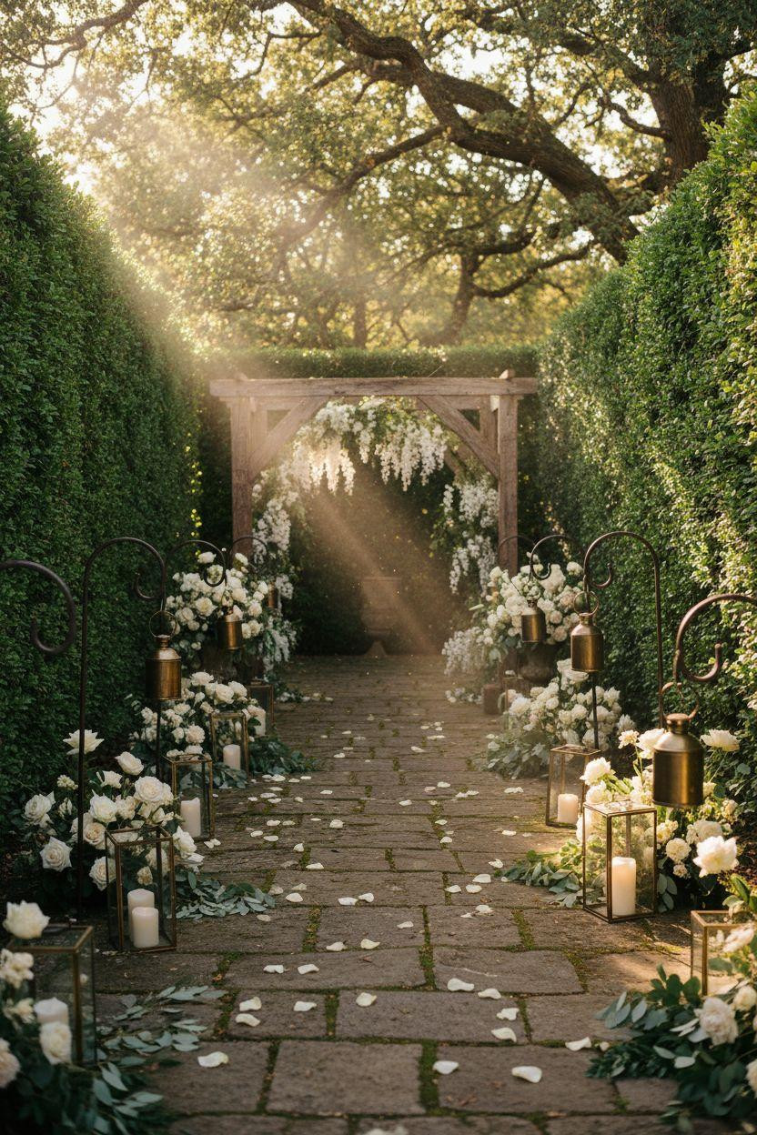 Wedding Walkway - enchanted garden stone pathway with brass lanterns