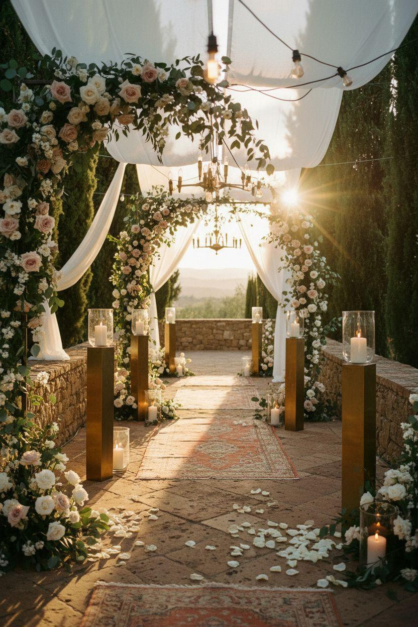 Wedding Walkway - Edison bulbs and brass posts on travertine pathway