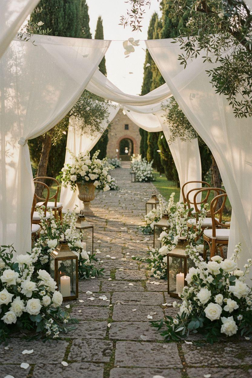 Wedding Walkway - natural linen runner with ivory peonies and eucalyptus