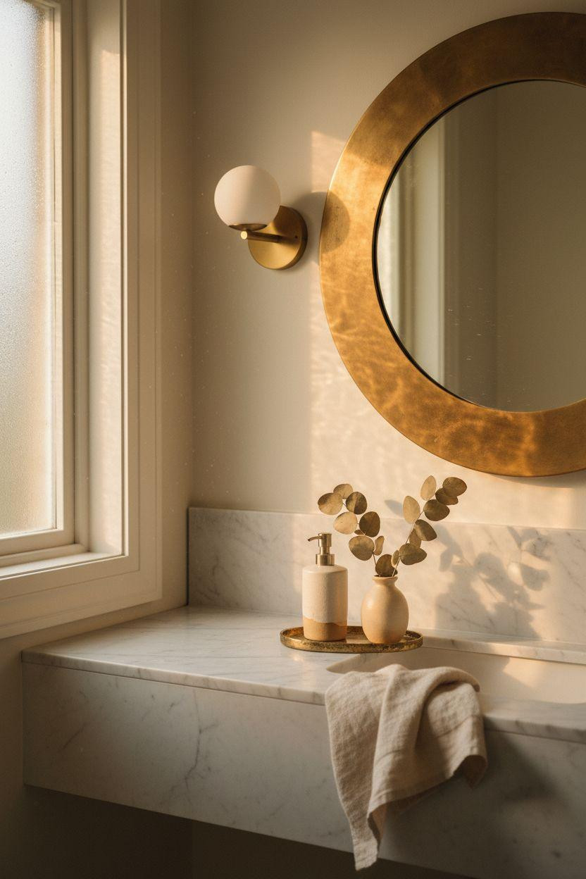 Bathroom Mirror - round brass framed mirror with decorative wall sconce