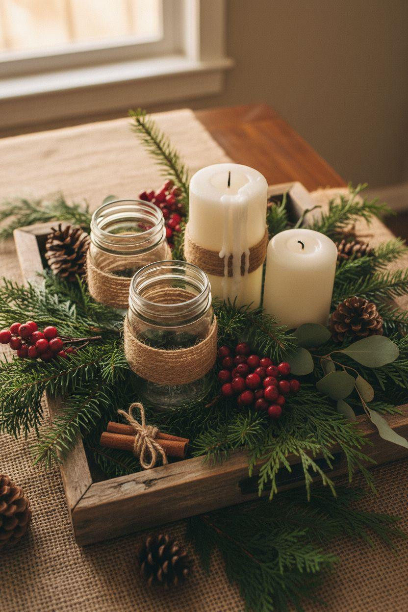 Holiday centerpieces for tables with mason jars and rustic wooden tray