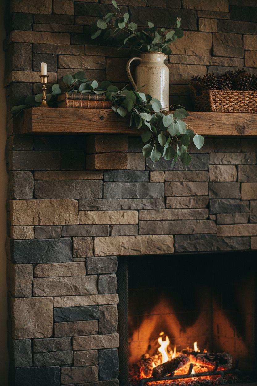 Corner Fireplace Living Room Layout showing stacked stone texture