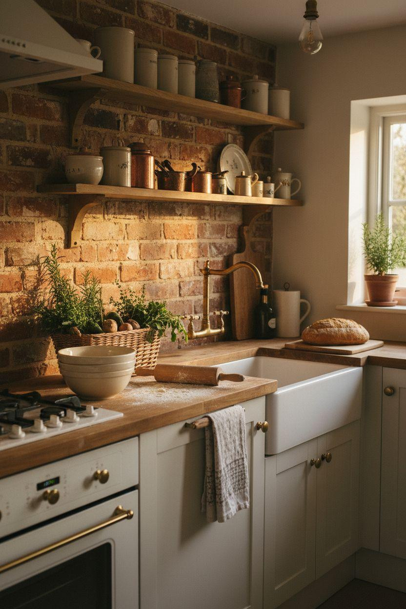 Tiny cottage kitchen with exposed brick wall and reclaimed wood counters