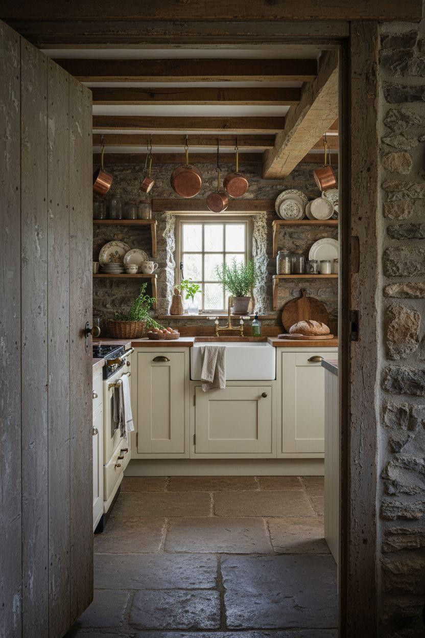 Old cottage kitchen with exposed oak beams and stone walls