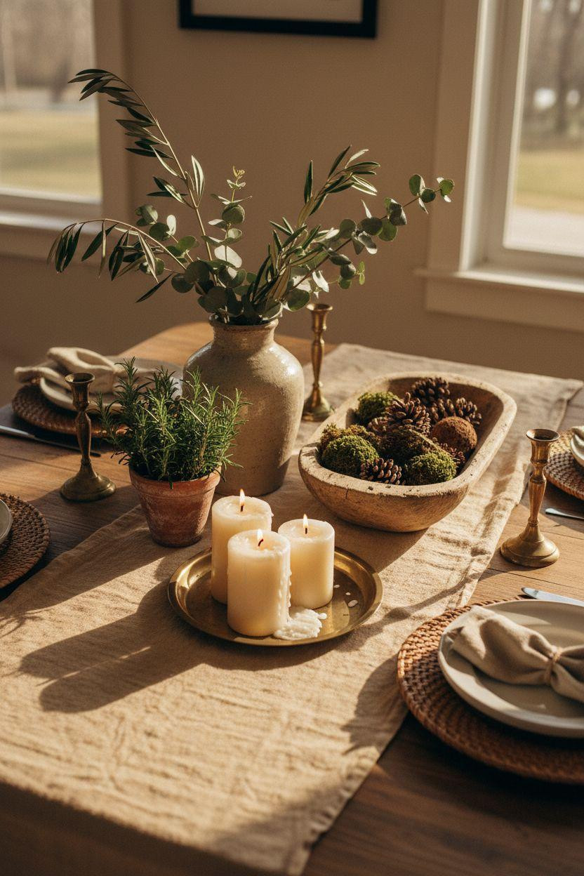 Dining room table centerpiece ideas with natural linen runner and olive branches
