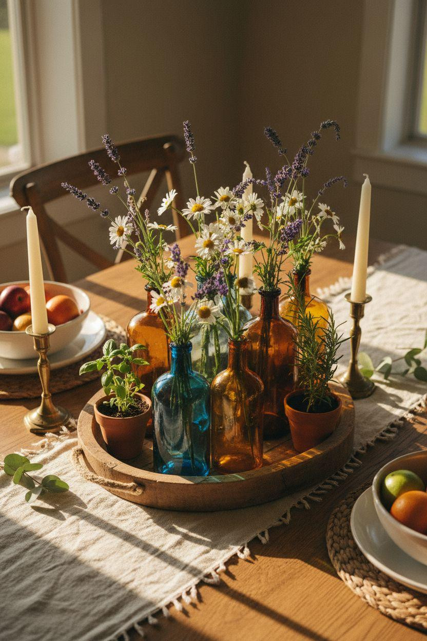 Dining room table centerpiece ideas with vintage glass bottles and wildflowers