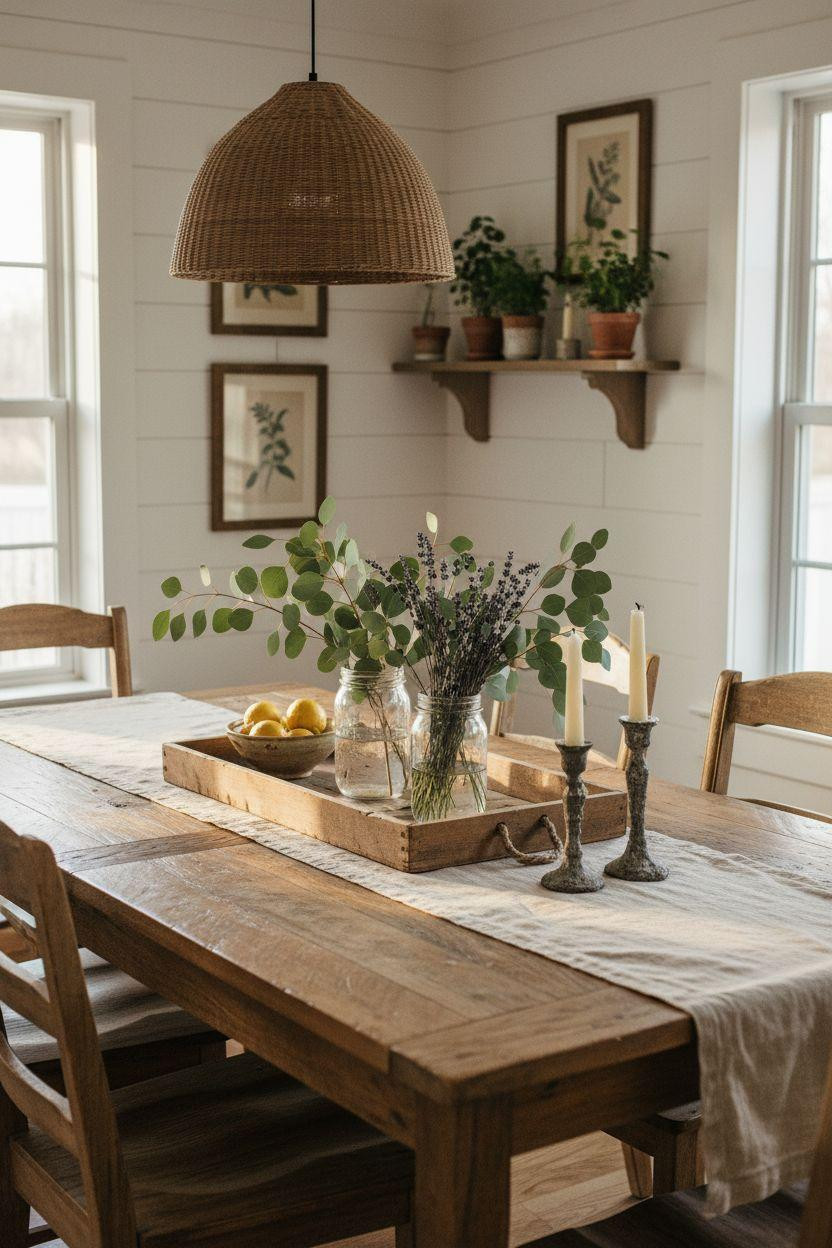 Dining room table centerpiece ideas with wooden tray and mason jars