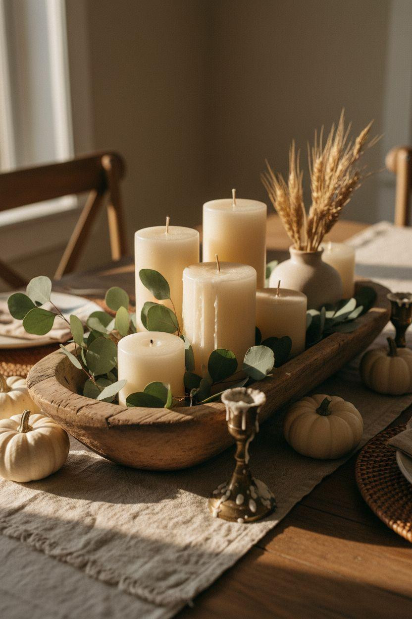 Dining room table centerpiece ideas with distressed wood bowl and candles