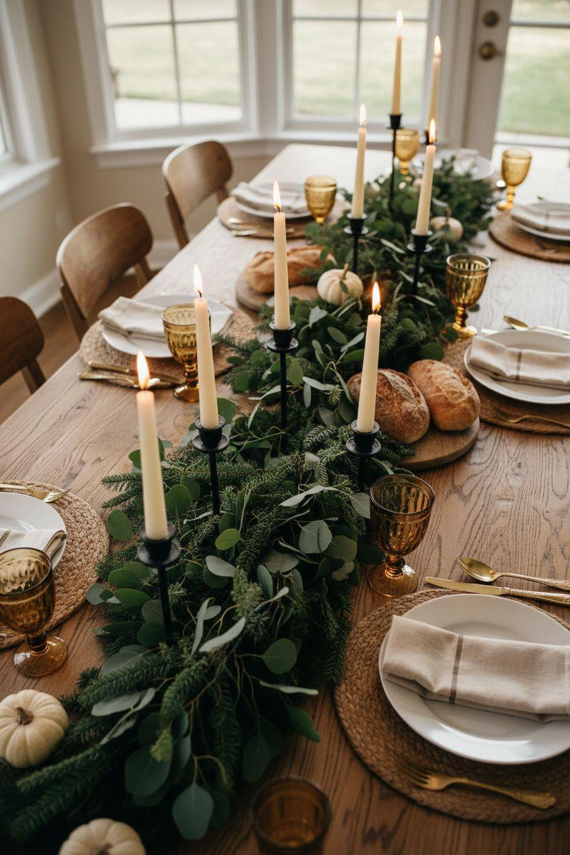 Dining room table centerpiece ideas with long fresh garland and candles