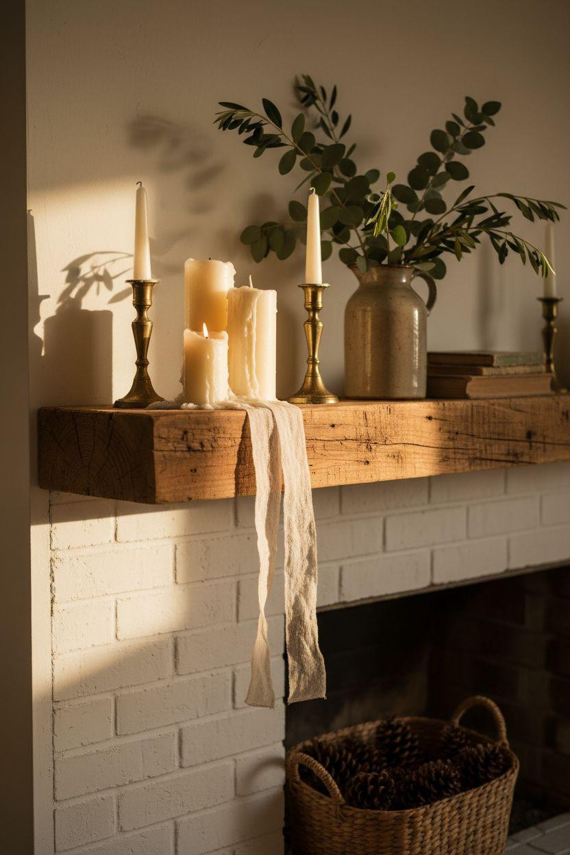 Closeup of rustic corner fireplace mantel with candles and eucalyptus