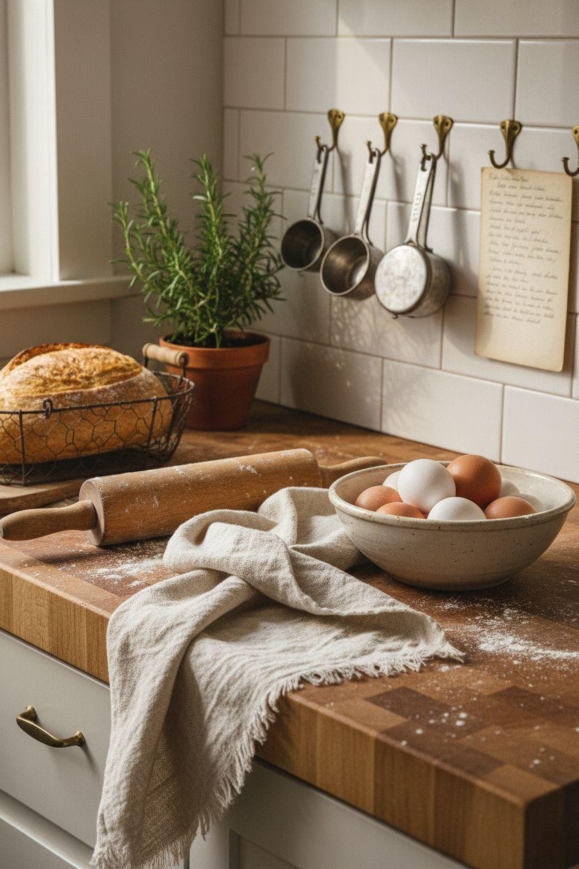 Tiny Farmhouse Kitchen countertop with vintage tools