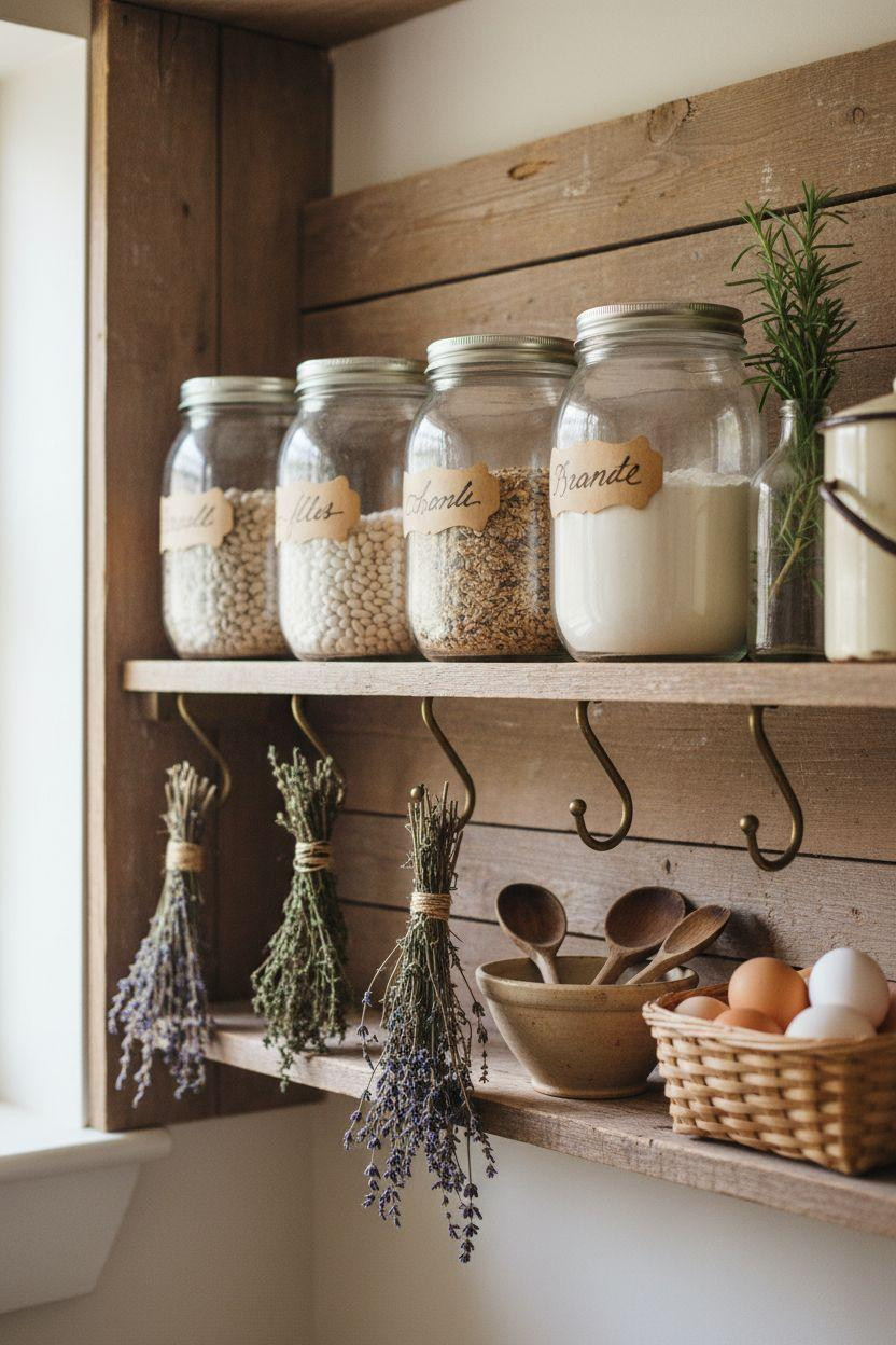 Tiny Farmhouse Kitchen pantry shelf styling