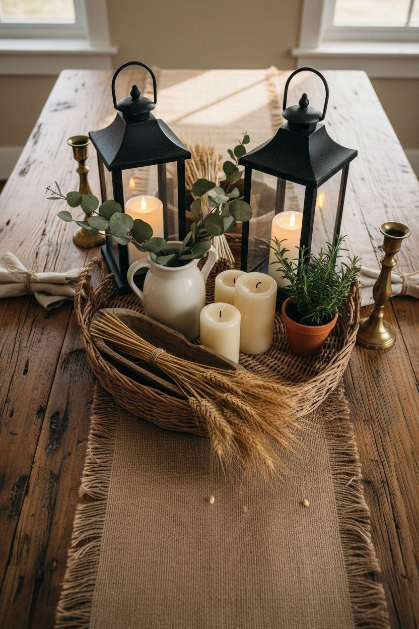 Dining room table centerpiece ideas with black metal lanterns