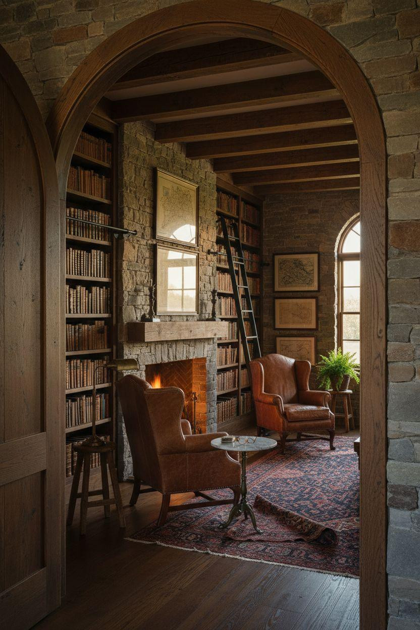 Cozy Home Library Ideas rustic with exposed beams and stone