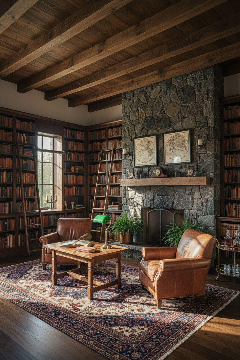 Dream Home Library Ideas - rustic library with exposed beams and stone