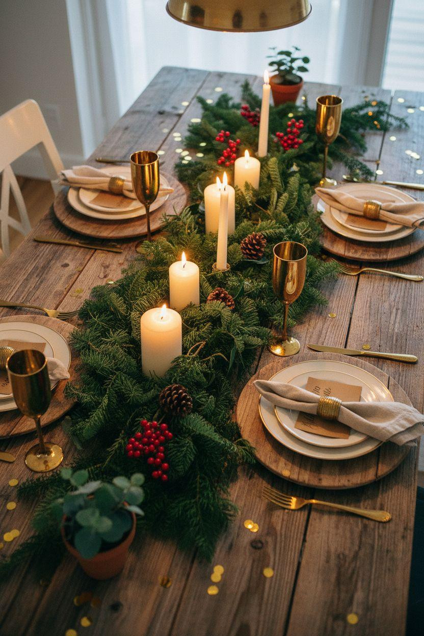 New Year table decoration with rustic evergreen theme