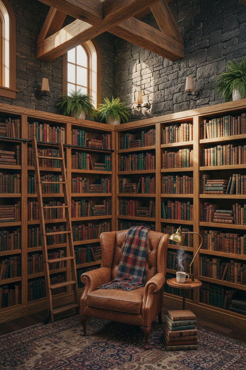 Small Home Library Ideas - rustic library with exposed beams