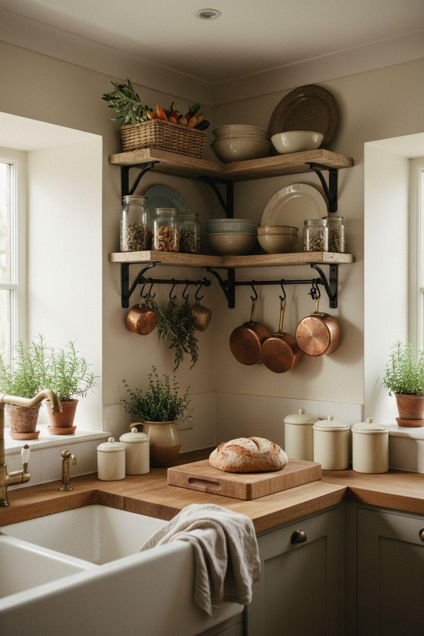 Tiny cottage kitchen with reclaimed wood shelves and stoneware