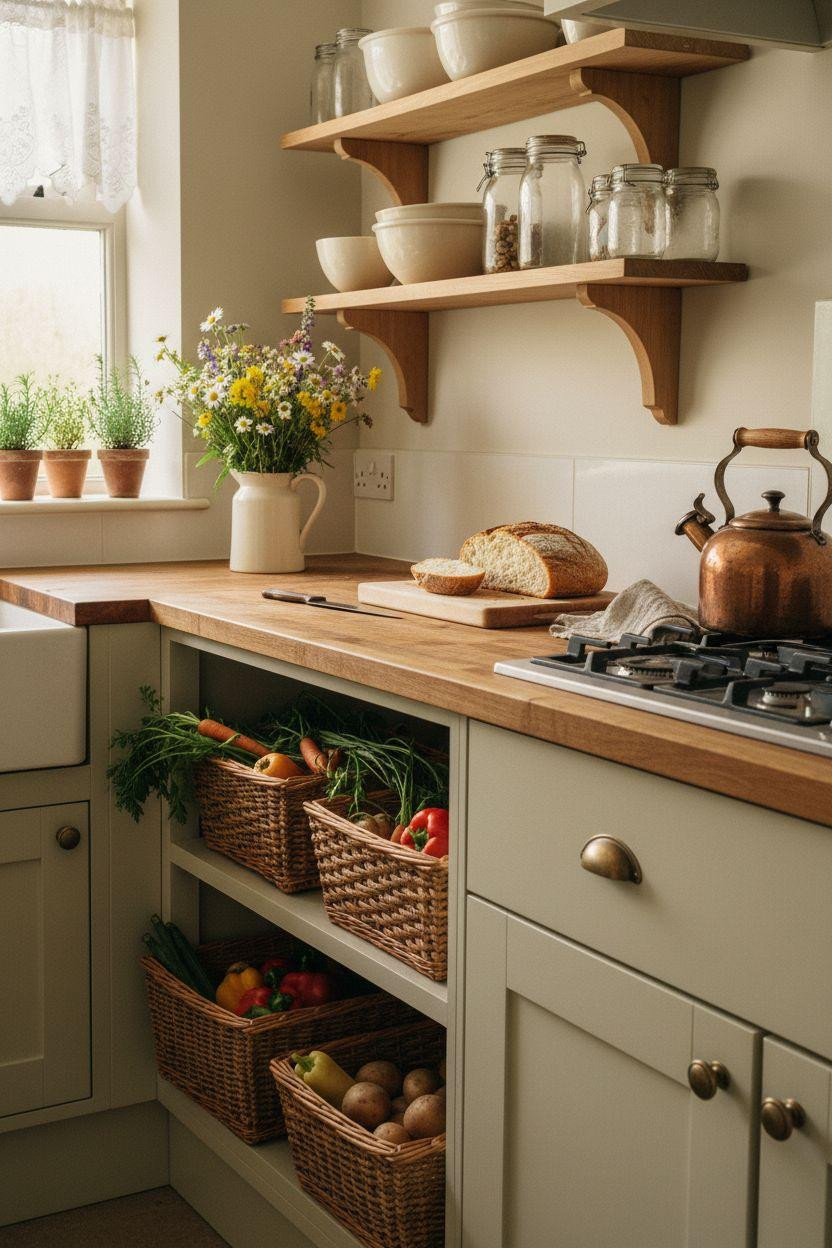 Tiny cottage kitchen with wicker baskets and cream cabinets
