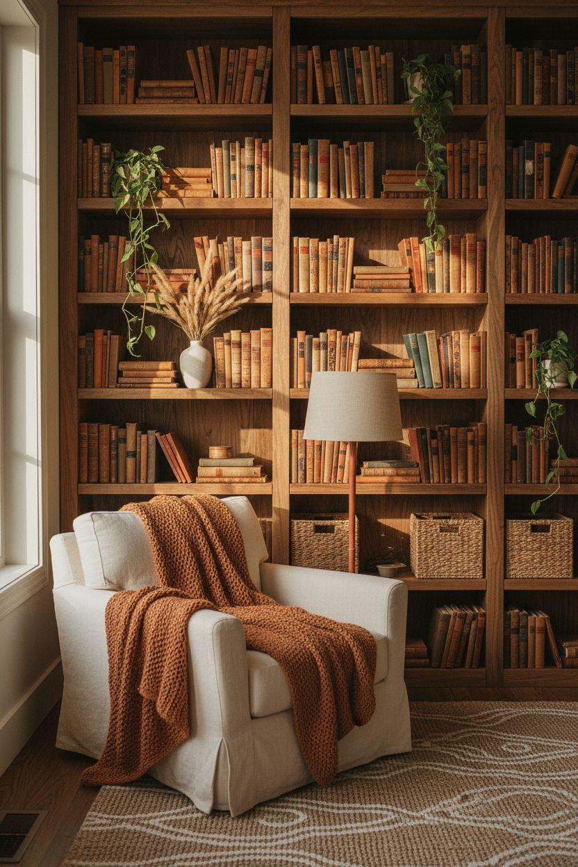 Bookshelf living room with rustic reclaimed wood and earthy decor