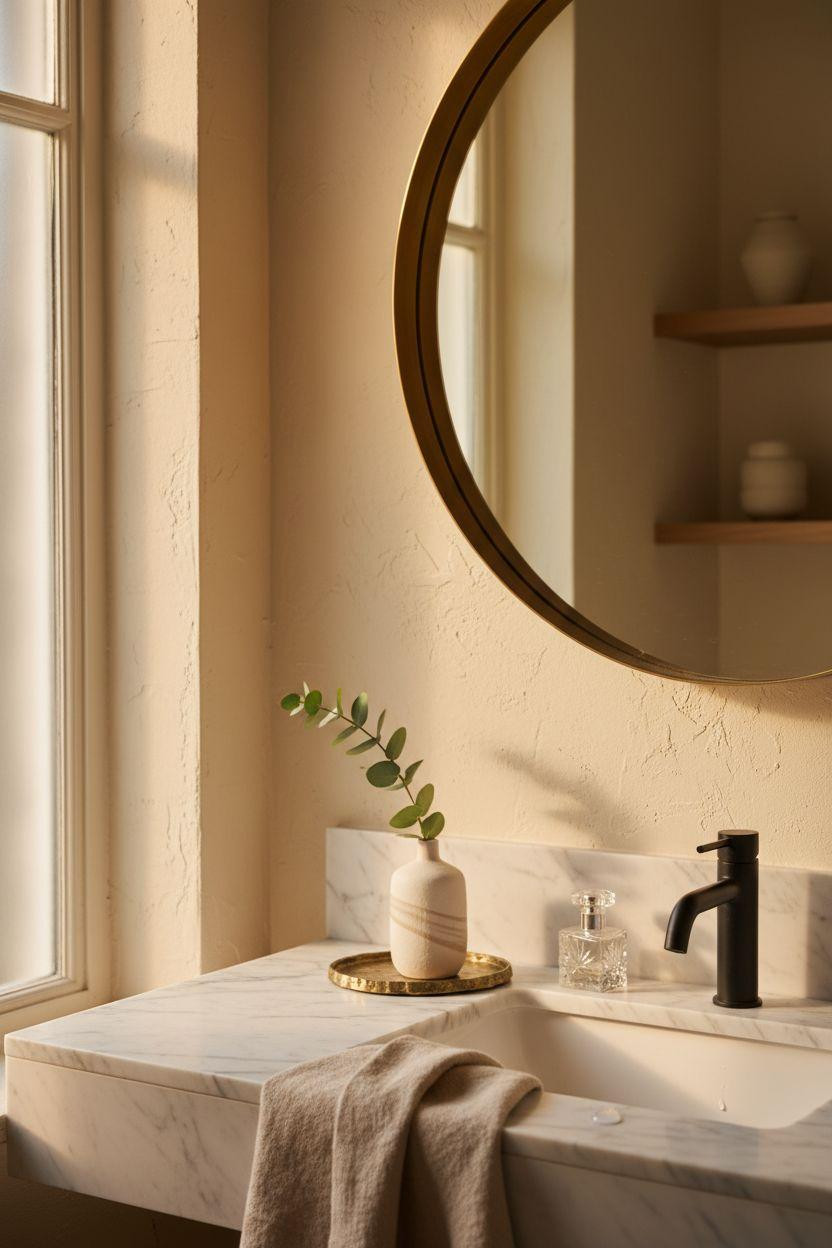 Bathroom Mirror - close detail of brass framed mirror on textured plaster wall