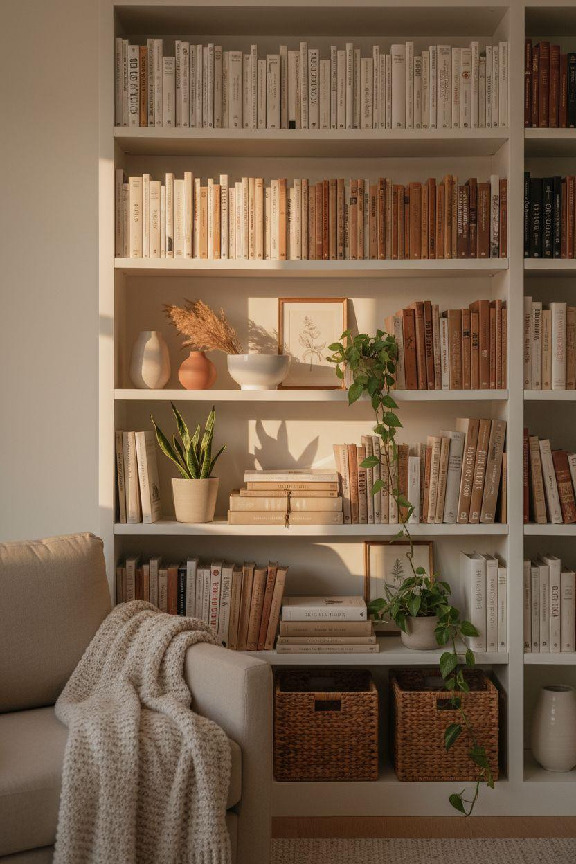 Bookshelf living room with neutral Scandinavian styling and natural textures