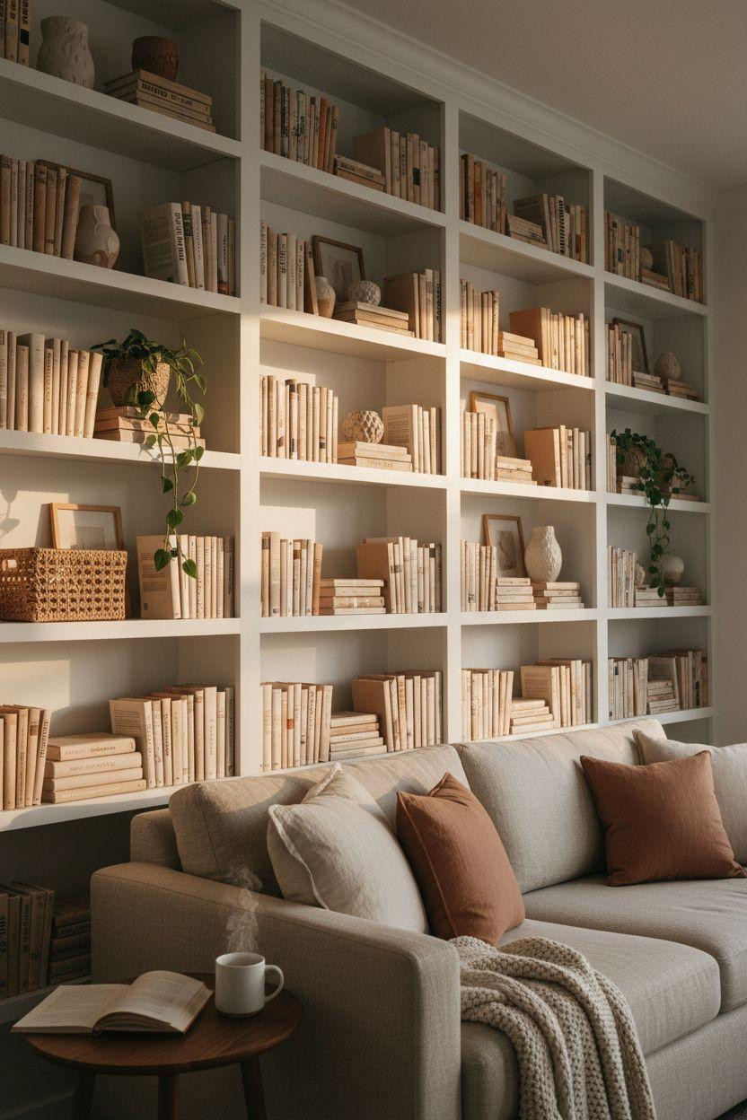 Bookshelf living room with white built-in shelving and cozy seating