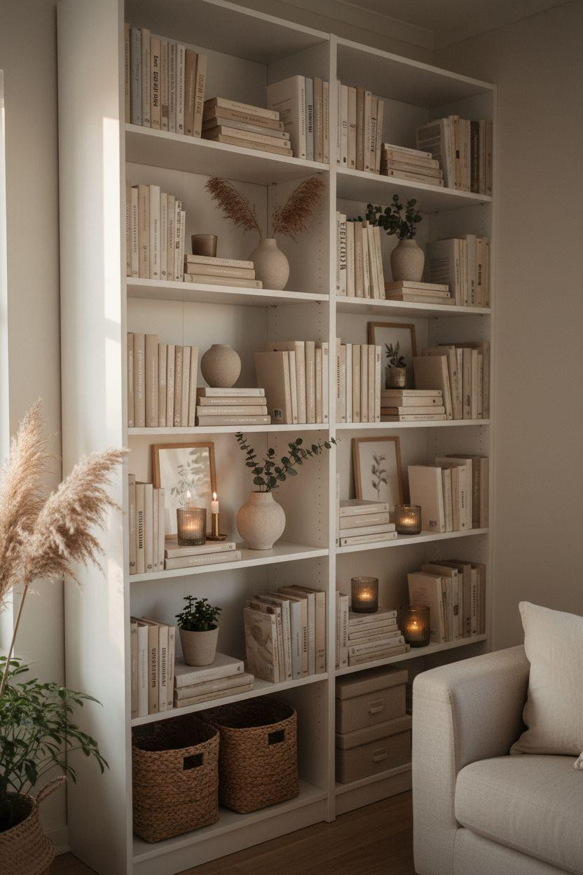 Bookshelf living room with soft white shelves and dried botanicals