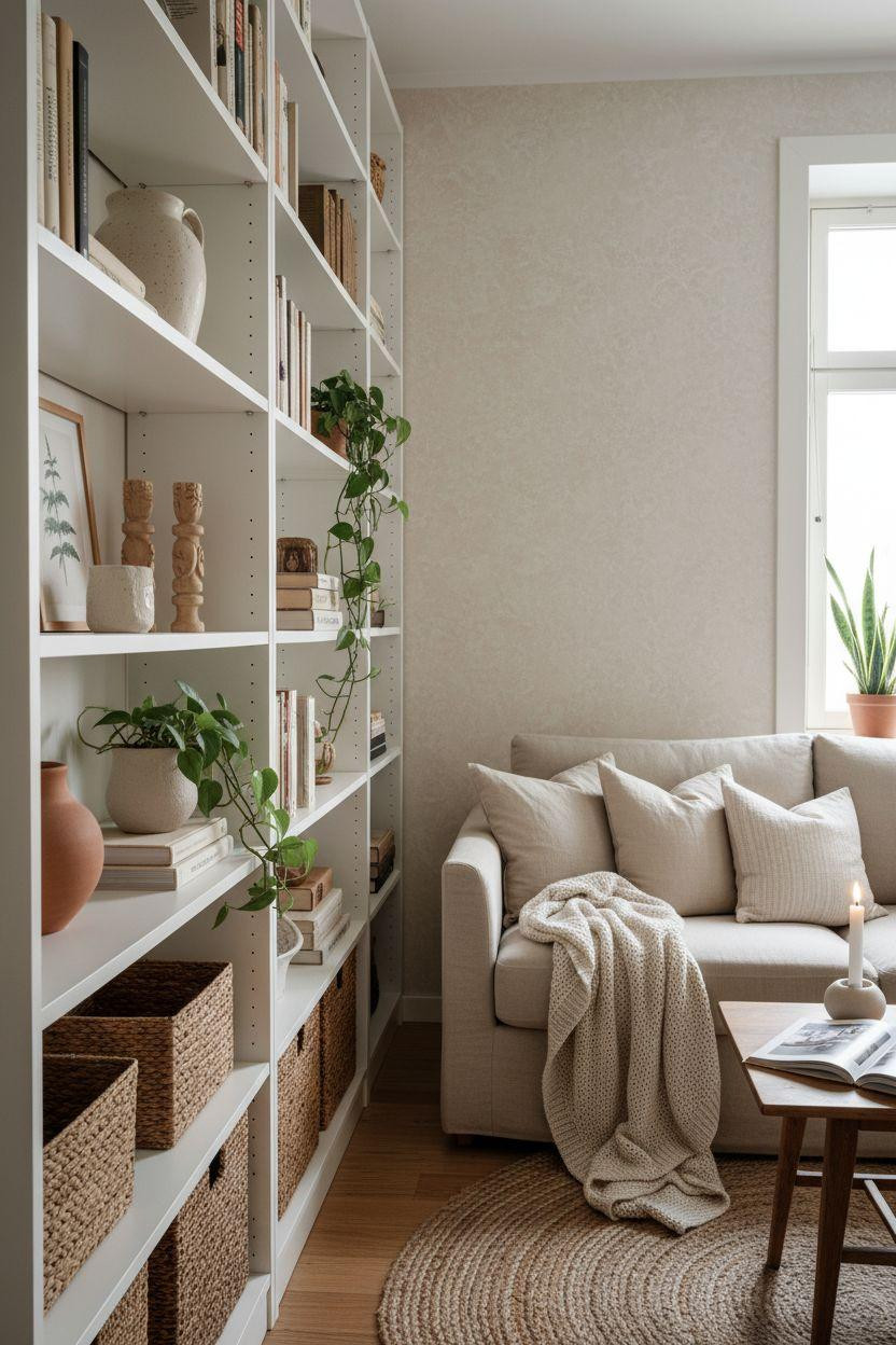 Bookshelf living room with floor-to-ceiling vertical shelving in small space