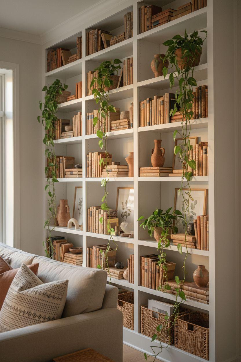 Bookshelf living room with wall-spanning white shelves and layered decor