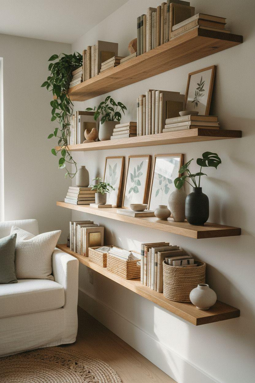 Bookshelf living room featuring floating wooden shelves with plants