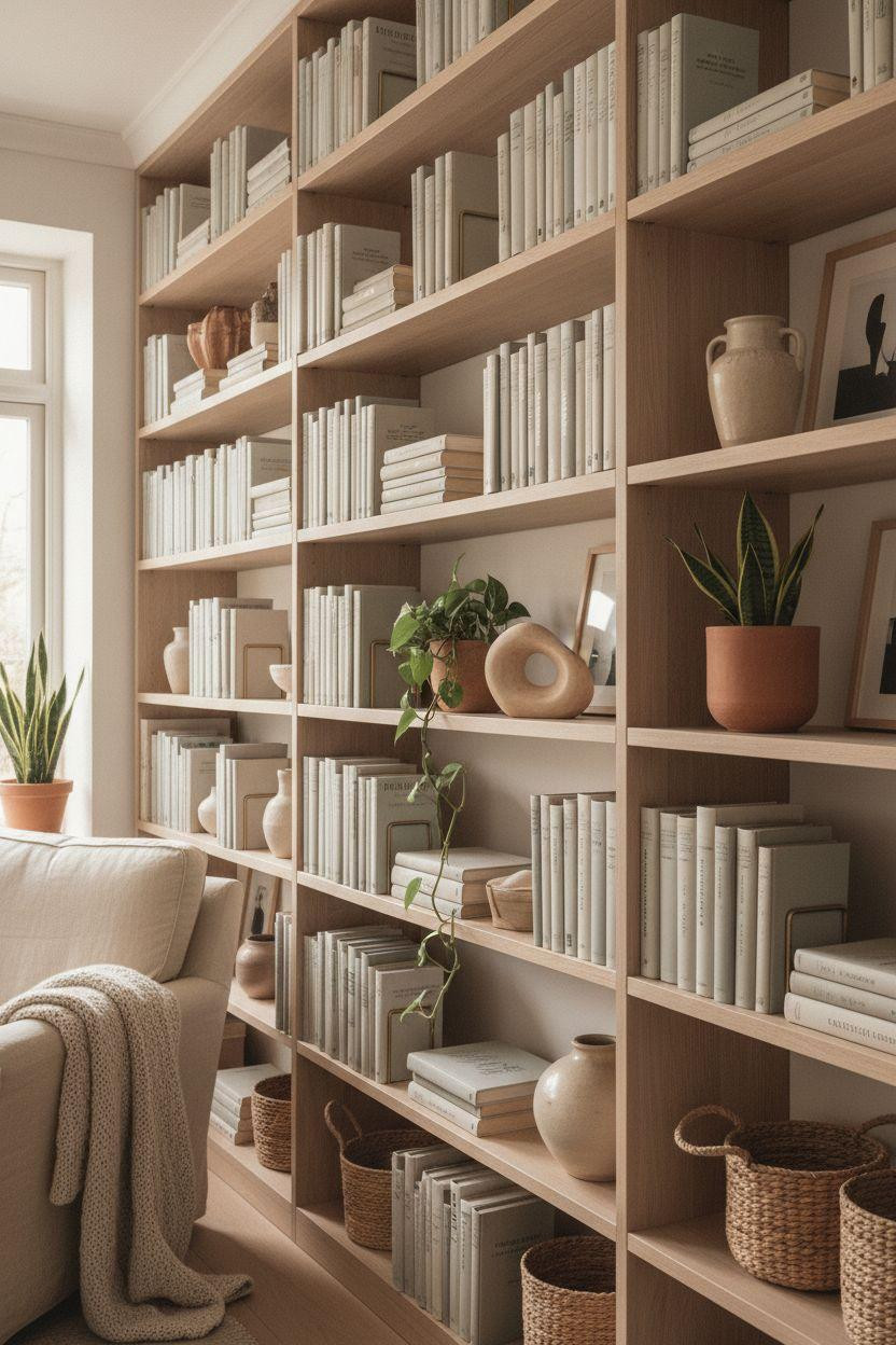 Bookshelf living room featuring light birch wood shelves