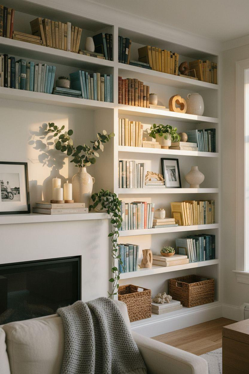 Bookshelf living room with white shelves flanking fireplace